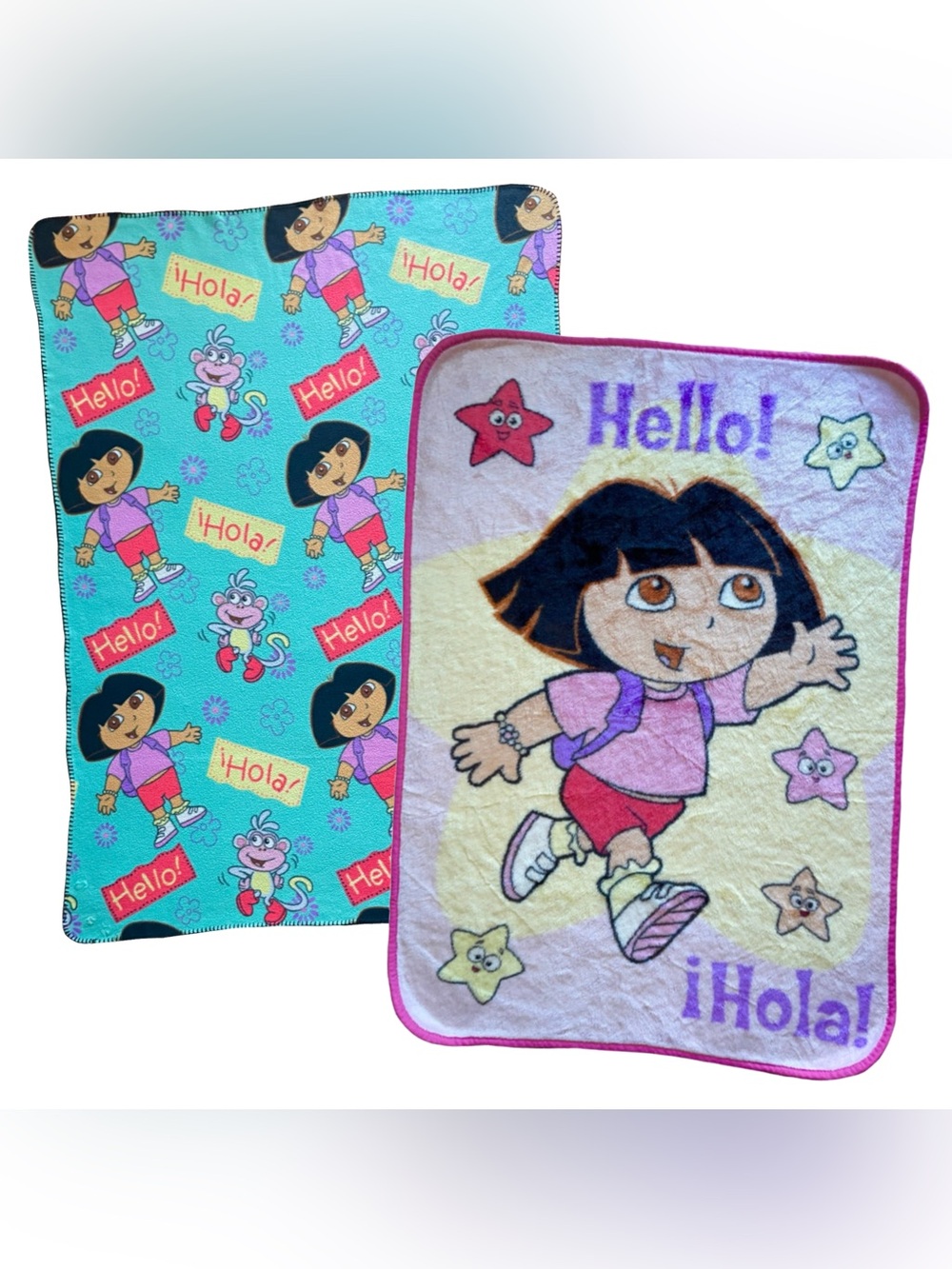 Lot 2 Dora the Explorer Fleece Blanket "Hola"/"Hello" Crib Nursery VTG Nick Jr